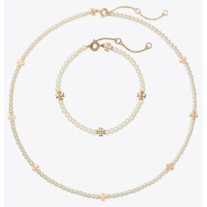 Tory Burch Gold and Immitation Pearl Moondane Kira Delicate Necklace & Bracelet